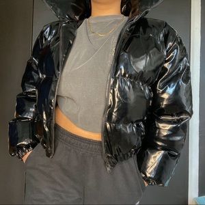 PLT Black Vinyl Puffer Coat